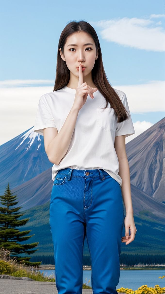 <lora:shush_obj20c:0.75 >, woman, sandals, shush, (finger_to_mouth: 1.2), (shirt), pants, (mount fuji), perfect face, (contact iris: 1.1), pale skin, skin pores , depth of field