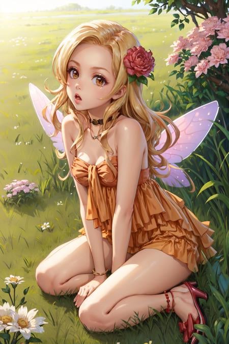 masterpiece, best quality, dqStella, fairy wings, hair flower, choker, necklace, orange dress, bracelet, high heels, sitting on ground, yokozuwari, grass, flowers, looking up, confused, :o <lora:dqStella-nvwls-v1-000010:0.9> <lora:concept_yokozuwari-12:1>