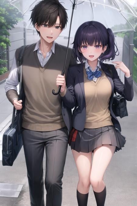 1boy, 1girl, :d, black umbrella, holding, holding umbrella, school uniform, open mouth, pants, rain,  school uniform, (shared umbrella), skirt, smile,  sweater vest,    <lora:shared_umbrella_v1:0.9>