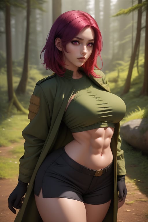 Kyuo Ryu is a beautiful woman, 19 years old, pretty face, tall and curvy, bbw. short red_purple hair, red_purple eyes. She is an explorer, ranger, rogue. She is wearing a green overcoat with a black stripe, she is wearing a light green shirt. She is wearing a loose olive green jacket with silver trim, she is wearing black gloves. She wears olive green shorts. She has big breasts, six-pack abs, wide hips, big ass, round ass. In the background, a medieval fantasy landscape and a forest with interactive elements. Interactive image, detailed image. sciamano240, 1 girl, kyuo ryu