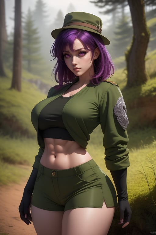 Kyuo Ryu is a beautiful woman, 19 years old, pretty face, tall and curvy, bbw.  She is wearing a green hat with a black stripe, short red_purple hair, red_purple eyes. She is an explorer, ranger, rogue. she is wearing a light green shirt. She is wearing a loose olive green jacket with silver trim, she is wearing black gloves. She wears olive green shorts. She has big breasts, six-pack abs, wide hips, big ass, round ass. In the background, a medieval fantasy landscape and a forest with interactive elements. Interactive image, detailed image. sciamano240, 1 girl, kyuo ryu