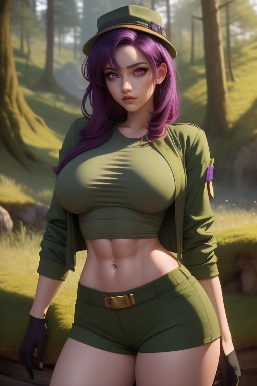 Kyuo Ryu is a beautiful woman, 19 years old, pretty face, tall and curvy, bbw.  She is wearing a green hat with a black stripe, short red_purple hair, red_purple eyes. She is an explorer, ranger, rogue. she is wearing a light green shirt. She is wearing a loose olive green jacket with silver trim, she is wearing black gloves. She wears olive green shorts. She has big breasts, six-pack abs, wide hips, big ass, round ass. In the background, a medieval fantasy landscape and a forest with interactive elements. Interactive image, detailed image. sciamano240, 1 girl, kyuo ryu