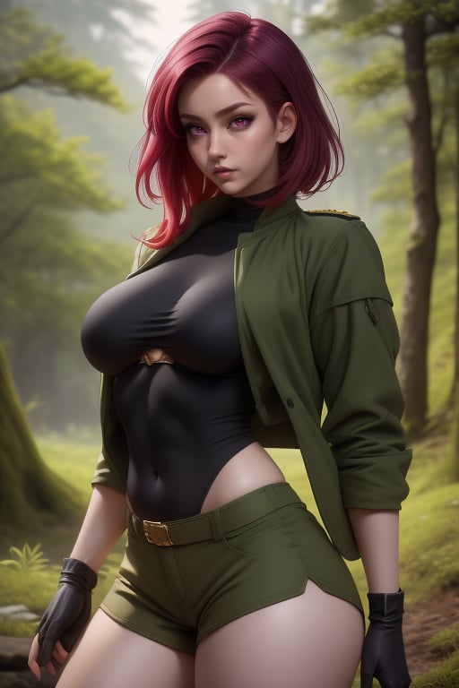 Kyuo Ryu is a beautiful woman, 19 years old, pretty face, tall and curvy, bbw. short red_purple hair, red_purple eyes. She is an explorer, ranger, rogue. She is wearing a green overcoat with a black stripe, she is wearing a light green shirt. She is wearing a loose olive green jacket with silver trim, she is wearing black gloves. She wears olive green shorts. She has big breasts, six-pack abs, wide hips, big ass, round ass. In the background, a medieval fantasy landscape and a forest with interactive elements. Interactive image, detailed image. sciamano240, 1 girl, kyuo ryu