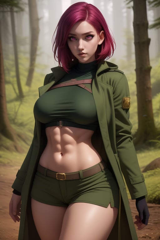 Kyuo Ryu is a beautiful woman, 19 years old, pretty face, tall and curvy, bbw. short red_purple hair, red_purple eyes. She is an explorer, ranger, rogue. She is wearing a green overcoat with a black stripe, she is wearing a light green shirt. She is wearing a loose olive green jacket with silver trim, she is wearing black gloves. She wears olive green shorts. She has big breasts, six-pack abs, wide hips, big ass, round ass. In the background, a medieval fantasy landscape and a forest with interactive elements. Interactive image, detailed image. sciamano240, 1 girl, kyuo ryu