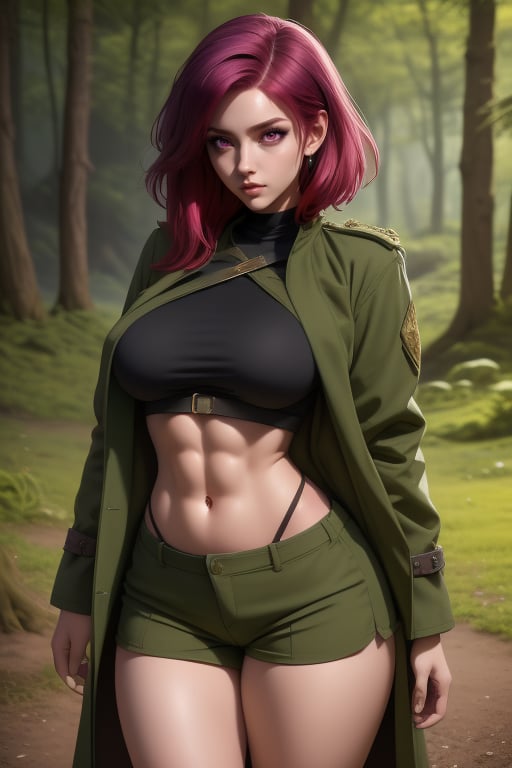 Kyuo Ryu is a beautiful woman, 19 years old, pretty face, tall and curvy, bbw. short red_purple hair, red_purple eyes. She is an explorer, ranger, rogue. She is wearing a green overcoat with a black stripe, she is wearing a light green shirt. She is wearing a loose olive green jacket with silver trim, she is wearing black gloves. She wears olive green shorts. She has big breasts, six-pack abs, wide hips, big ass, round ass. In the background, a medieval fantasy landscape and a forest with interactive elements. Interactive image, detailed image. sciamano240, 1 girl, kyuo ryu