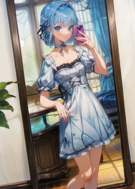 (masterpiece, best quality),(depth) of (field),  <lora:Mary-Ann:0.8> 1girl, white and blue dress, blue hair, medium length hair, frills, bangs, choker, blue eyes, <lora:st-fs_v1.1:-1>,  <lora:add_detail:1>  <lora:MirrorSelfiePove-07:0.8> mirror, holding phone, girl selfie mirror, cellphone, selfie, reflection, panties, adult