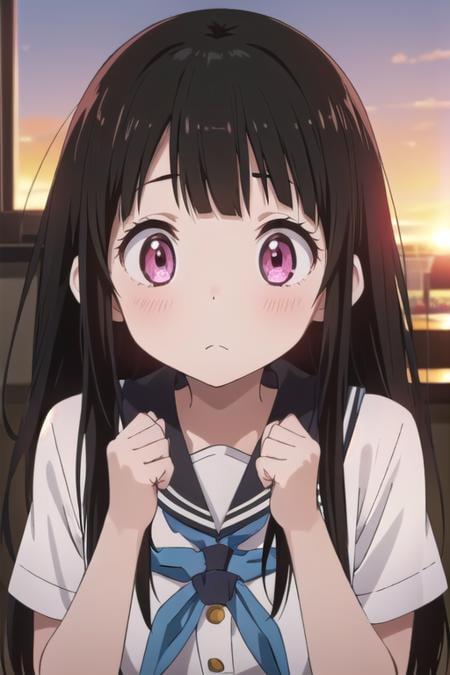 masterpiece,1girl,,blush,sunset,classroom,(ganbaruzoi) <lora:ganbaruzoi-v4:0.7>clenched hands, upper body, looking up viewer <lora:hyouka_offset:0.8>chitanda eru,shiny eyes,close up,longhair