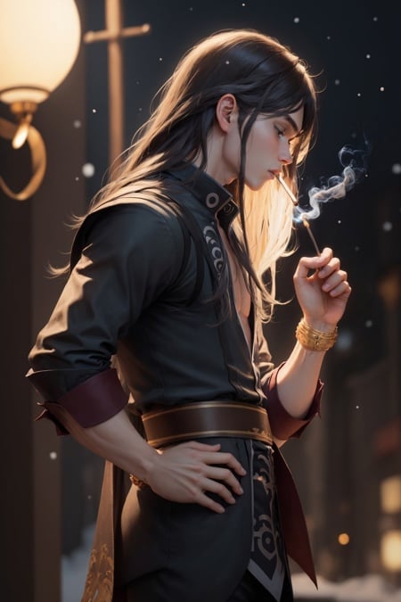 (masterpiece:1.3), (best quality:1.2), 8k, absurdres, unity 8k wallpapper, (extremely detailed:1.3), highestres, 1boy, long hair, lighting_cigarette, solo, tovlowell, tunic, black pants, jewelry, bracelet, from side, profile, night, (cigarette in mouth:1.3), cigarette smoke, dark theme, mouth hold, (lighter:1.3), blurry background, realistic, hand on hip, eyes closed, looking down, (black background:1.2), snow, <lora:ToV_YuriLowell:0.7>, <lora:lighting_cigarette-10:0.7>,<lyco:EnvyBetterHands-beta2:0.8>