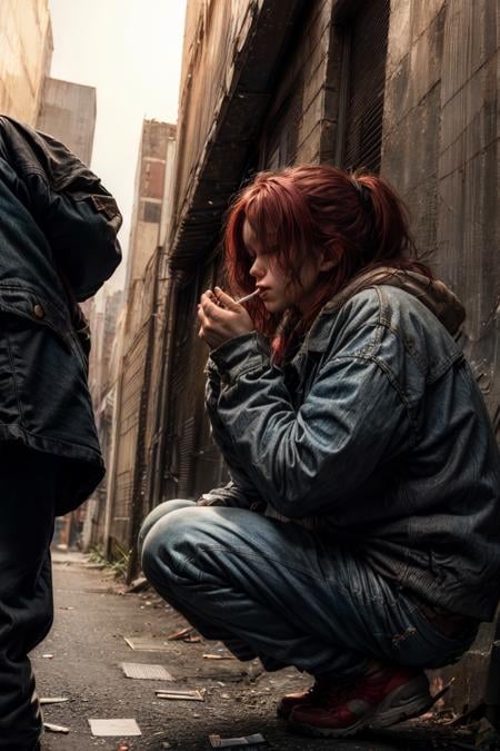 Aesthetic: ((urban grunge, edgy, gritty, street culture, vibrant):1.3) BREAK Composition: 1girl, squatting on a graffiti-ridden street, puffing a (cigarette:1.2), full body shot, (low-angle view:1.2), tattered jeans and worn-out sneakers, red hair cascading over her face BREAK Lighting: (Early Morning:1.2), soft light cutting through the haze of the (cigarette smoke:1.3) BREAK Quality: raw, highly detailed, sharp focus, 8k, in the style of a documentary photograph BREAK Appearance: (20 years old), Caucasian girl, ((fire-red hair)) BREAK (good quality:0.995), BREAK <lora:more_details:0.7>,  <lora:lighting_cigarette:0.7>, (lighting_cigarette:1.2)