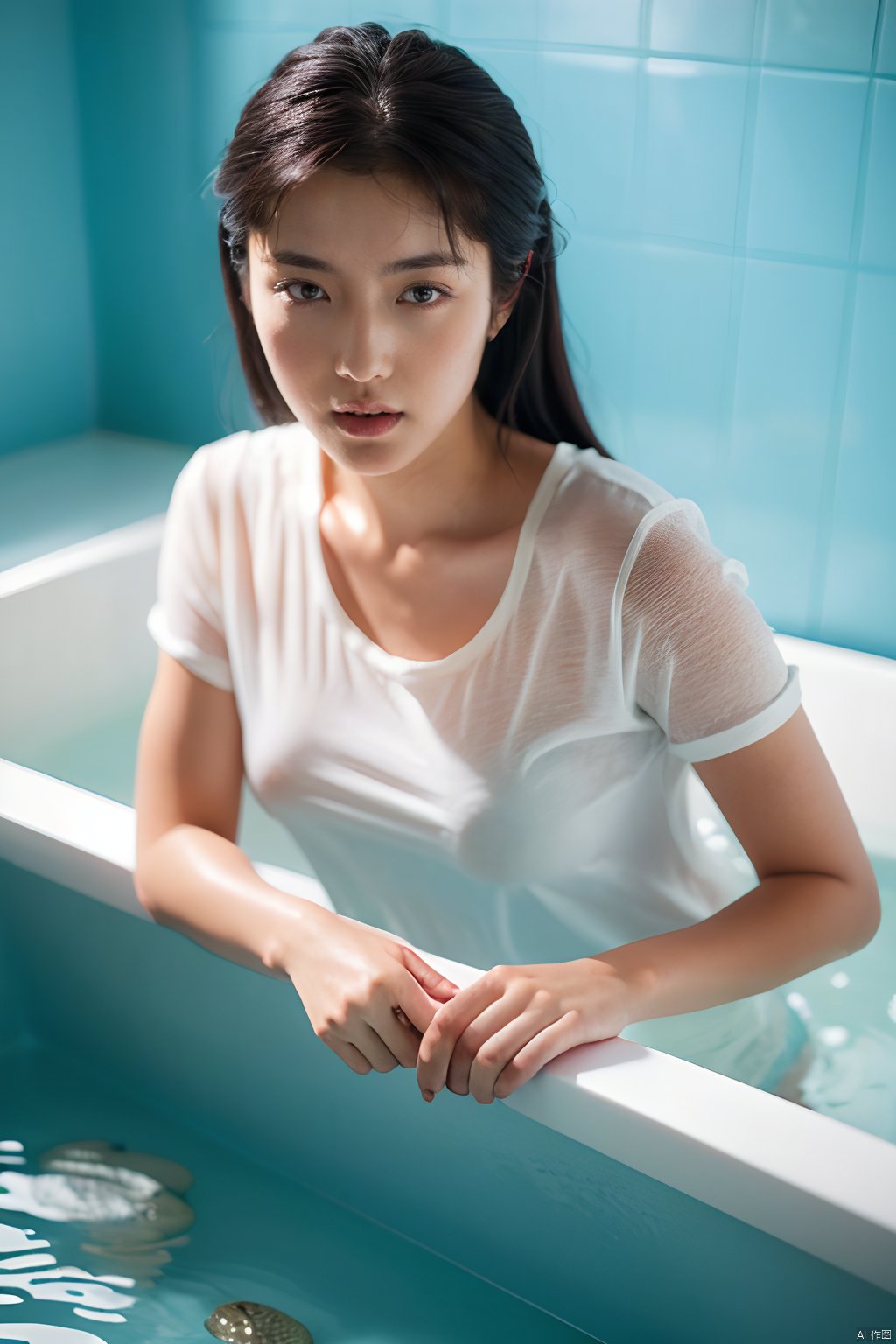 (((masterpiece))),  best quality,  realistic,  (best quality),  {{masterpiece}},  {highres},  original,  extremely detailed 8K wallpaper),  A young woman with long black hair,  wearing a white shirt,  leaning on the edge of a bathtub in clear blue water,  against a background of blue tiles.,<lora:EMS-287781-EMS:0.800000>,<lora:EMS-267958-EMS:0.500000>