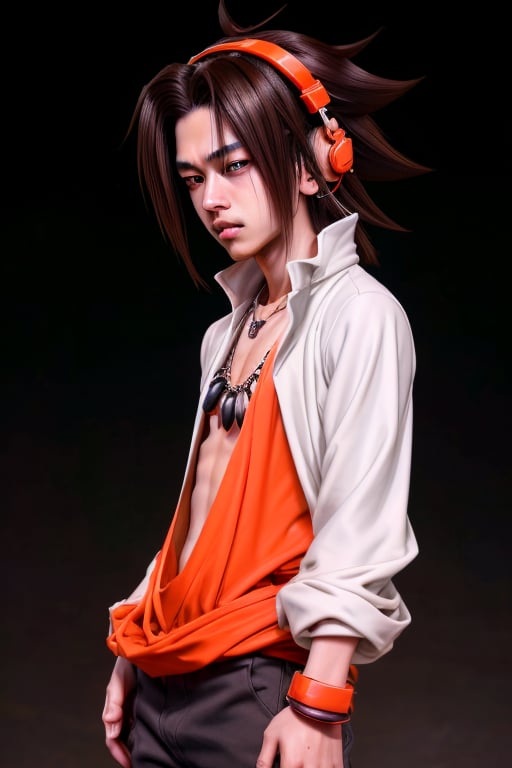 Yoh Asakura is 16 years old. he has a hippie aesthetic. He has neck-length dark brown hair and is constantly seen wearing a pair of orange headphones behind or in his ears. His eyes are brown. He is thin but athletic. He wears his white shirt constantly open. he has a tribal necklace. he wears gray_black pants. interactive background with dynamic elements, interactive, highly detailed image. yoh asakura, ,sciamano240