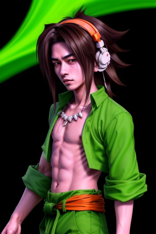 Yoh Asakura is 16 years old. he has a hippie aesthetic. He has neck-length dark brown hair and is constantly seen wearing a pair of orange headphones behind or in his ears. His eyes are brown. He is thin but athletic. He wears his white shirt constantly open. he has a tribal necklace. he wears gray-green pants with a black belt. interactive background with dynamic elements, interactive, highly detailed image. yoh asakura, ,sciamano240