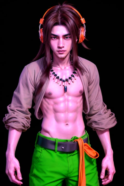 Yoh Asakura is 16 years old. he has a hippie aesthetic. He has neck-length dark brown hair and is constantly seen wearing a pair of orange headphones behind or in his ears. His eyes are brown. He is thin but athletic. He wears his white shirt constantly open. he has a tribal necklace. he wears gray_green pants with a black belt. interactive background with dynamic elements, interactive, highly detailed image. yoh asakura, ,sciamano240