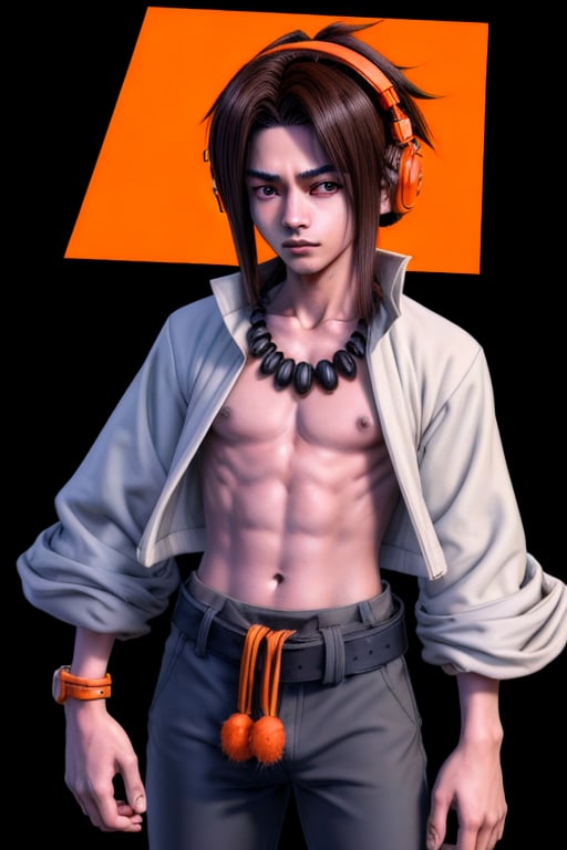 Yoh Asakura is 16 years old. he has a hippie aesthetic. He has neck-length dark brown hair and is constantly seen wearing a pair of orange headphones behind or in his ears. His eyes are brown. He is thin but athletic. He wears his white shirt constantly open. he has a tribal necklace. he wears gray_black pants with a black belt. interactive background with dynamic elements, interactive, highly detailed image. yoh asakura, ,sciamano240