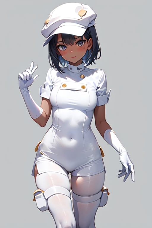 masterpiece, best quality, looking at viewer, , generation 9, , aether_foundation, 1girl, gloves, solo, hat, white gloves, dark-skinned female, white headwear, blush, short sleeves, white footwear, thigh strap, looking at viewer, thigh holster, leggings