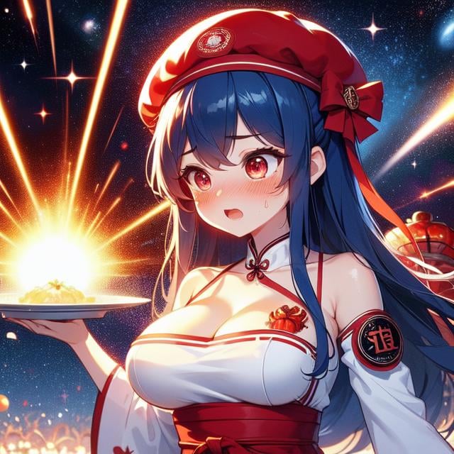 (((masterpiece))), (((best quality))), (((chūka ichiban))), (((glowing red grilled crab))), ((laser beam shoots from center in all directions)),((holding plate)), ((red beret hat)), (((red complex pattern qipao))), ((sleeves)), ((The Big Bang in universe space)), ((countless crowd)), (((outdoor))), solo, 1girl, cleavage, (((big tits))), collarbone,  ribbon, blue hair, longhair, open mouth, sweat, shy, blush, slim figure,  <lora:girllikechūkaichiban:1>