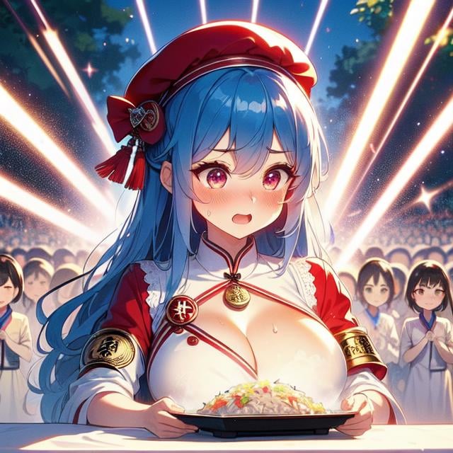 (((masterpiece))), (((best quality))), (((chūka ichiban))), (((glowing fried rice))), ((laser beam shoots from center in all directions)),((holding plate)), ((red beret hat)), ((white complex pattern button qipao)), (((red sleeves))), ((china palace)), ((square table)), ((countless crowd)), (((outdoor))), solo, 1girl, cleavage, (((big tits))), collarbone, ribbon, blue hair, longhair, open mouth, sweat, shy, blush, slim figure,  <lora:girllikechūkaichiban:1>