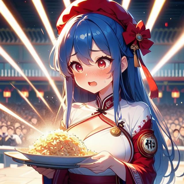 (((masterpiece))), (((best quality))), (((chūka ichiban))), (((glowing fried rice))), ((laser beam shoots from center in all directions)),((holding plate)), ((red beret hat)), ((white complex pattern button qipao)), (((red sleeves))), ((china palace)), ((square table)), ((countless crowd)), (((outdoor))), solo, 1girl, cleavage, (((big tits))), collarbone, ribbon, blue hair, longhair, open mouth, sweat, shy, blush, slim figure,  <lora:girllikechūkaichiban:1>