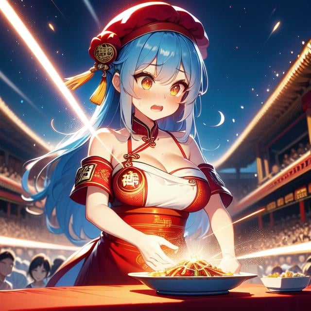 (((masterpiece))), (((best quality))), (((chūka ichiban))), (((glowing chinese cuisine))), ((laser beam shoots from center in all directions)),((holding plate)), ((red beret hat)), (((yellow complex pattern qipao))), (((red sleeves))), ((china palace)), ((square table)), ((countless crowd)), (((outdoor))), solo, 1girl, cleavage, (((big tits))), collarbone, ribbon, blue hair, longhair, open mouth, sweat, shy, blush, slim figure,  <lora:girllikechūkaichiban:1>