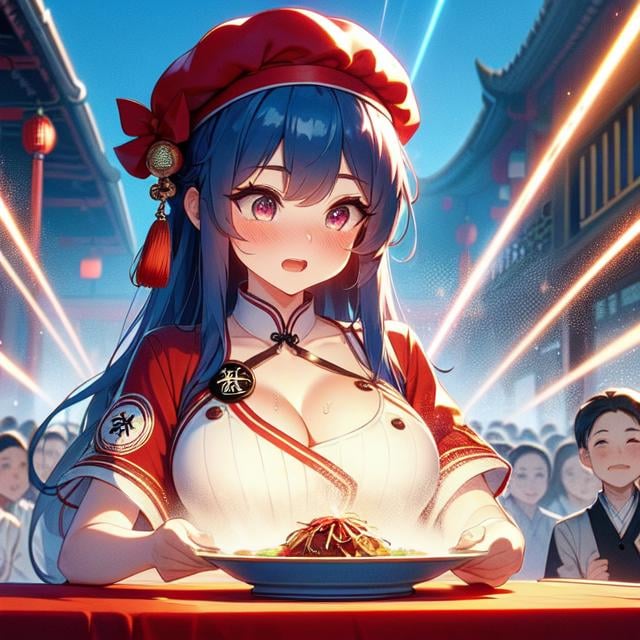 (((masterpiece))), (((best quality))), (((chūka ichiban))), (((glowing chinese cuisine))), ((laser beam shoots from center in all directions)),((holding plate)), ((red beret hat)), ((red qipao)), ((china palace)), ((square table)), ((countless crowd)), (((outdoor))), solo, 1girl, cleavage, (((big tits))), collarbone,  ribbon, blue hair, longhair, open mouth, sweat, shy, blush, slim figure,  <lora:girllikechūkaichiban:1>