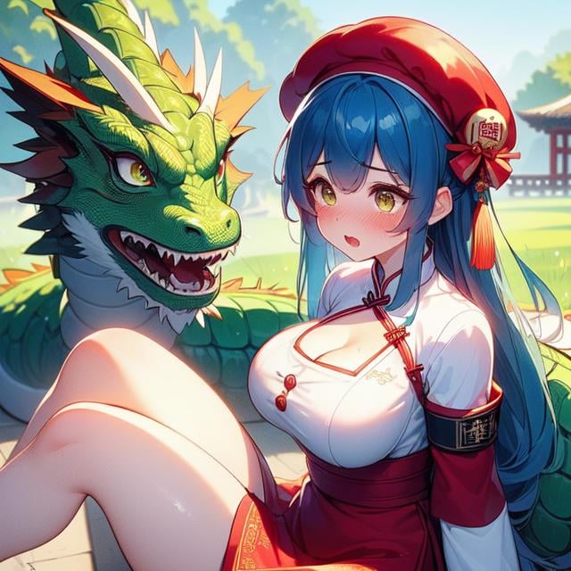 (((masterpiece))), (((best quality))), (((girl sitting on a green chinese dragon))),  ((red beret hat)), ((white complex pattern button qipao)), (((red sleeves))), (((outdoor))), solo, 1girl, cleavage, (((big tits))), collarbone, ribbon, blue hair, longhair, open mouth, sweat, shy, blush, slim figure,  <lora:girllikechūkaichiban:1>