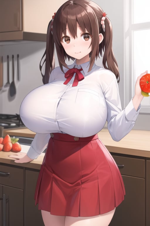 
(masterpiece, best quality:1.2),
( ebina nana, with (huge breasts:1.2), brown hair and brown eyes, twintails), (wearing school uniform, shirt, red skirt), in a kitchen, fruits, bottle, colorful 
