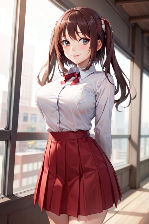 (masterpiece, best quality:1.2), cowboy shot, solo, 1girl, ebina nana, smile, looking at viewer, arms behind back, twintails, huge breasts, school uniform, shirt, skirt