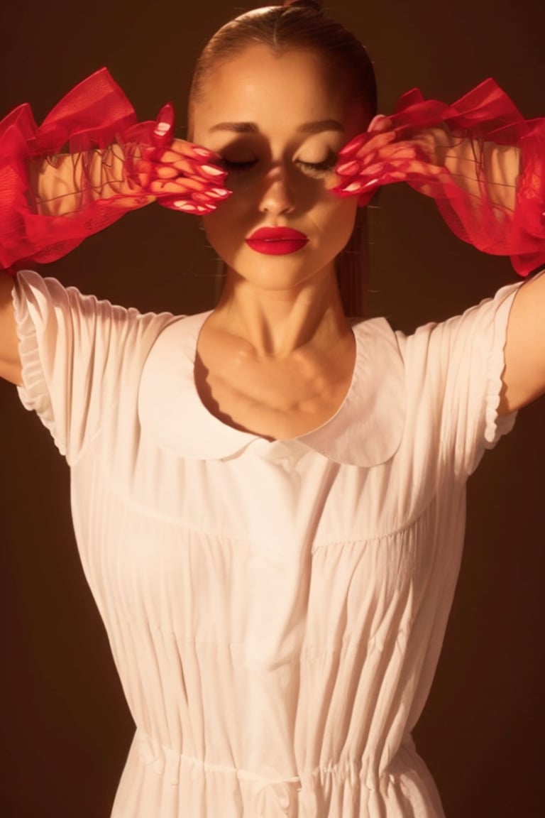 a woman, white top, blonde, red gloves, brown background