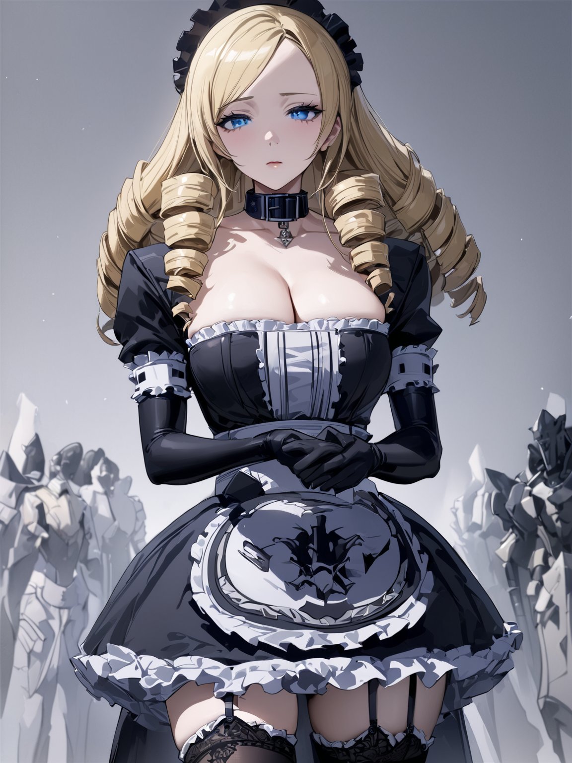 //Quality,
masterpiece, best quality, detailed
,//Character,
1girl, solo
,//Fashion,
,//Background,
,//Others,
,solution epsilon \(overlord\), 1girl, blue eyes, drill hair, blonde hair, breats, maid, black dress, cleavage, elbow gloves, collar, frilled skirt, thighhighs, garter straps, armored boots