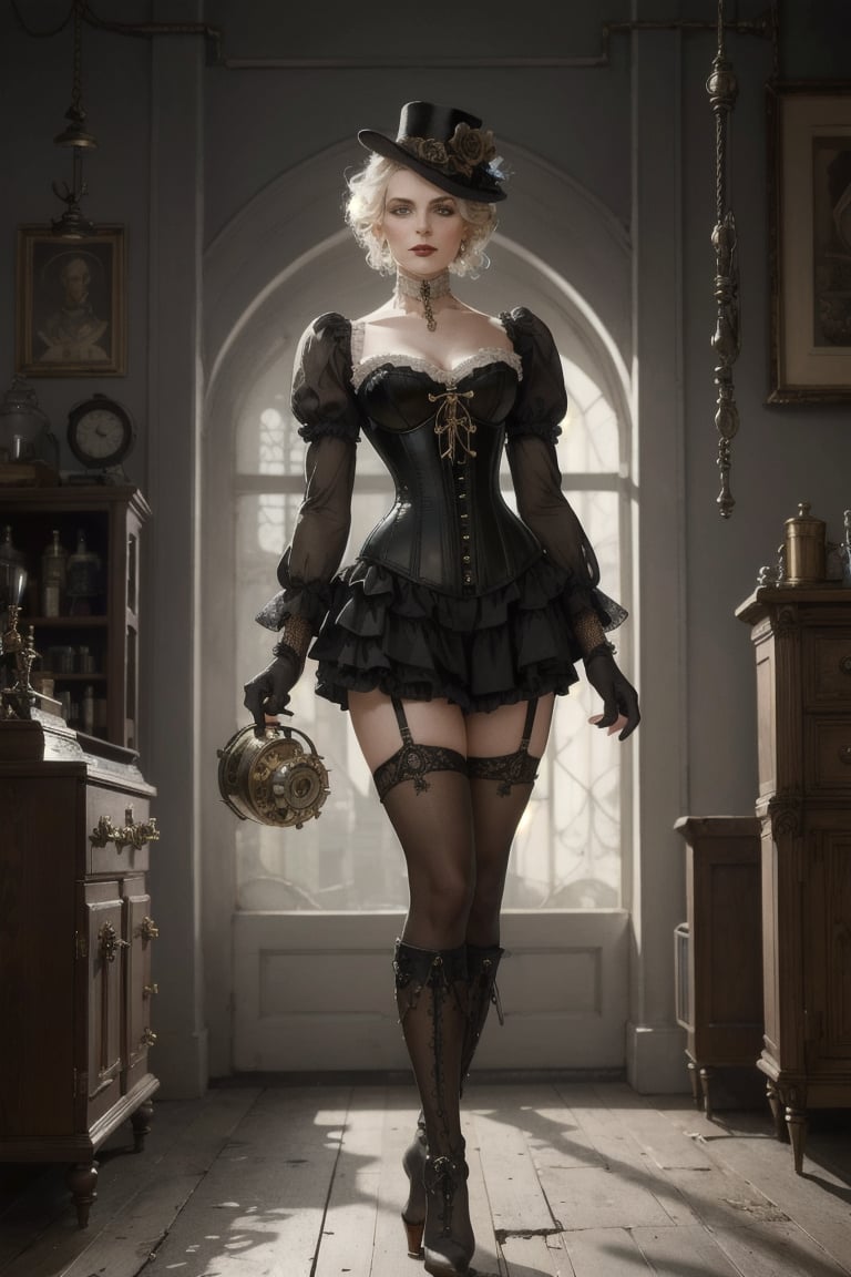 (style of Karol Bak, style of Tom Bagshaw, style of Charlie Bowater, style of Gerald Brom:1.2), [Victorian:steampunk] setting, woman embodying a steampunk aesthetic with a Victorian twist, ((intricate corset design)), holding greasy spout oil can, steel boned corset with brass cogs and gear accents, layered bustle skirt in rich brocade, detailed with copper threading, high-collar ruffled blouse with puffed sleeves, leather gloves reaching just below the elbow, adorned with delicate clockwork pieces, striking leather boots with metal heel detailing, a combination of elegance and industrial flair, hair styled in a sophisticated updo, adorned with miniature steampunk-inspired hat, subtle yet striking makeup highlighting her sharp features, standing confidently in a vintage workshop setting, surrounded by brass and copper machinery, soft glow of ambient gaslights, casting dramatic shadows, the air filled with a sense of adventure and mechanical wonder, her presence a perfect blend of Victorian grace and steampunk boldness, captivating the viewer with a look that's both nostalgic and forward-thinking.