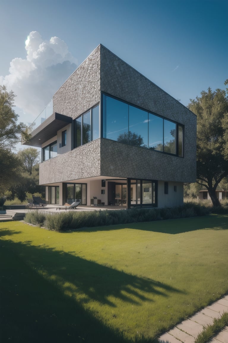 dramatic, sunlight lighting, shadows, high dynamic range, house, masterpiece, best quality,(8k, RAW photo:1.2), modern villa, trees, vine, architecture, building, cloud, vivid color, ,super detailed, 8k, sharp focus, a photo of a building on a lake, beachfront, super modern, ultramodern