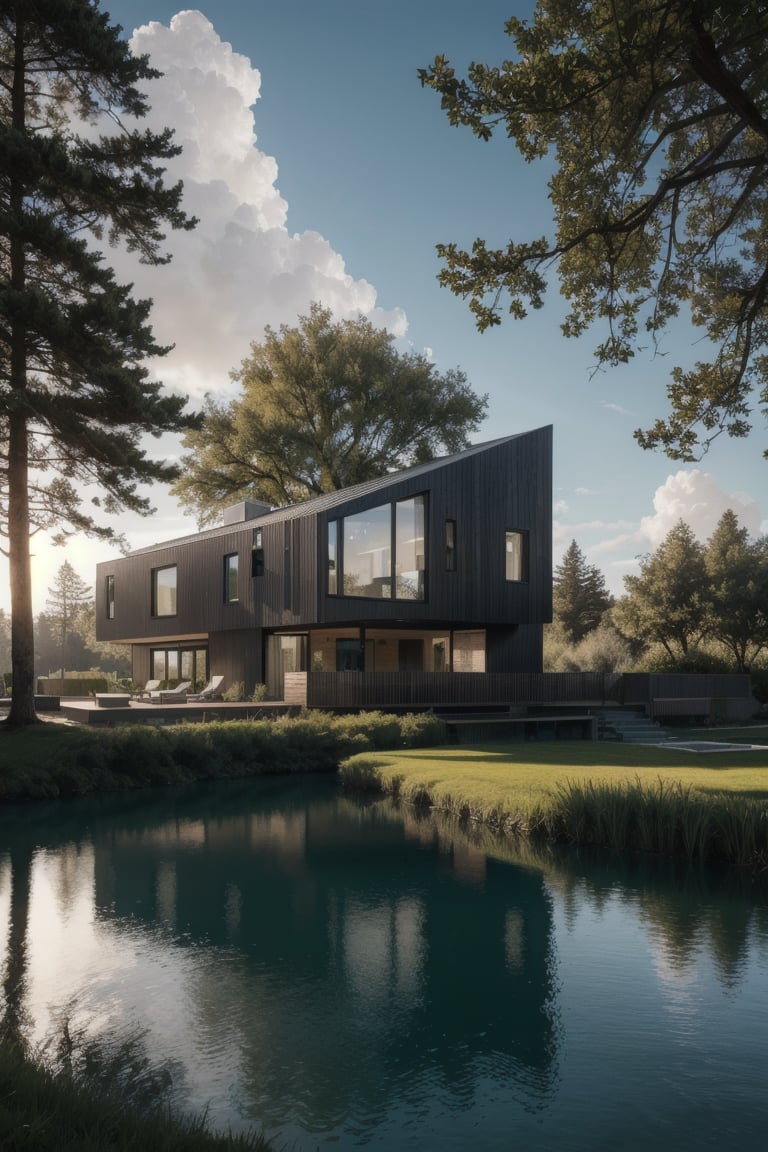 dramatic, sunlight lighting, shadows, high dynamic range, house, masterpiece, best quality,(8k, RAW photo:1.2), modern villa, trees, vine, architecture, building, cloud, vivid color, ,super detailed, 8k, sharp focus, a photo of a building on a lake, beachfront, super modern, ultramodern