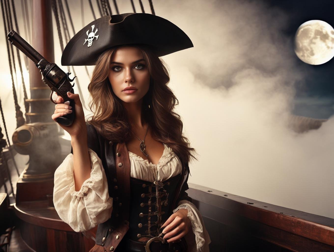 female pirat on ship with old pistol,  fog, moon((photo in style Marco Pandullo))  <lora:sdxl_lora_pirate:0.8>