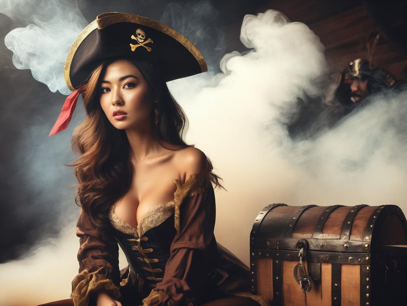 a asian woman in a pirate costume sitting on a trunk with a chest in the background and smoke coming from her chest behind her, and a pirate hat on top of her head, and a chest, with a chest, and chest,((photo in style Marco Pandullo))  <lora:sdxl_lora_pirate:0.8>