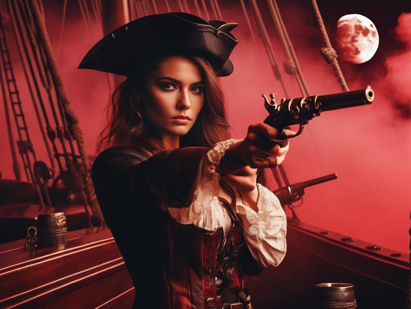 female pirat on ship with old pistol, red fog, moon((photo in style Marco Pandullo))  <lora:sdxl_lora_pirate:1>