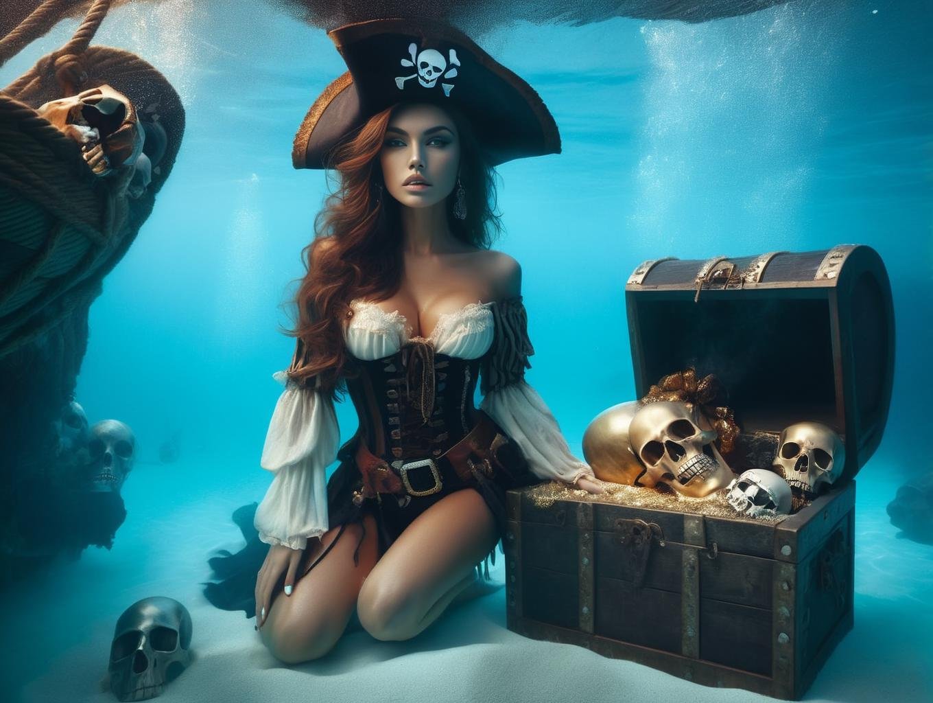 (Gorgeous Photo) a woman in a pirate costume sitting on a trunk in the water with a skull and a skull in the background and a skull in the water with a skull on the bottom of the bottom of the trunk below her leg and a chest((photo in style Marco Pandullo))  <lora:sdxl_lora_pirate:1>