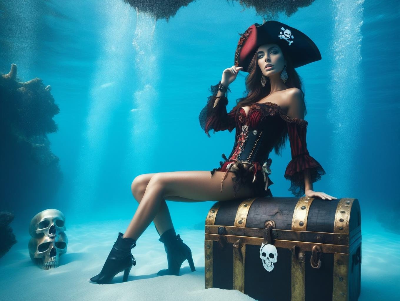 (Gorgeous Photo) a woman in a pirate costume sitting on a trunk in the water with a skull and a skull in the background and a skull in the water with a skull on the bottom of the bottom of the trunk below her leg and a chest((photo in style Marco Pandullo))  <lora:sdxl_lora_pirate:1>