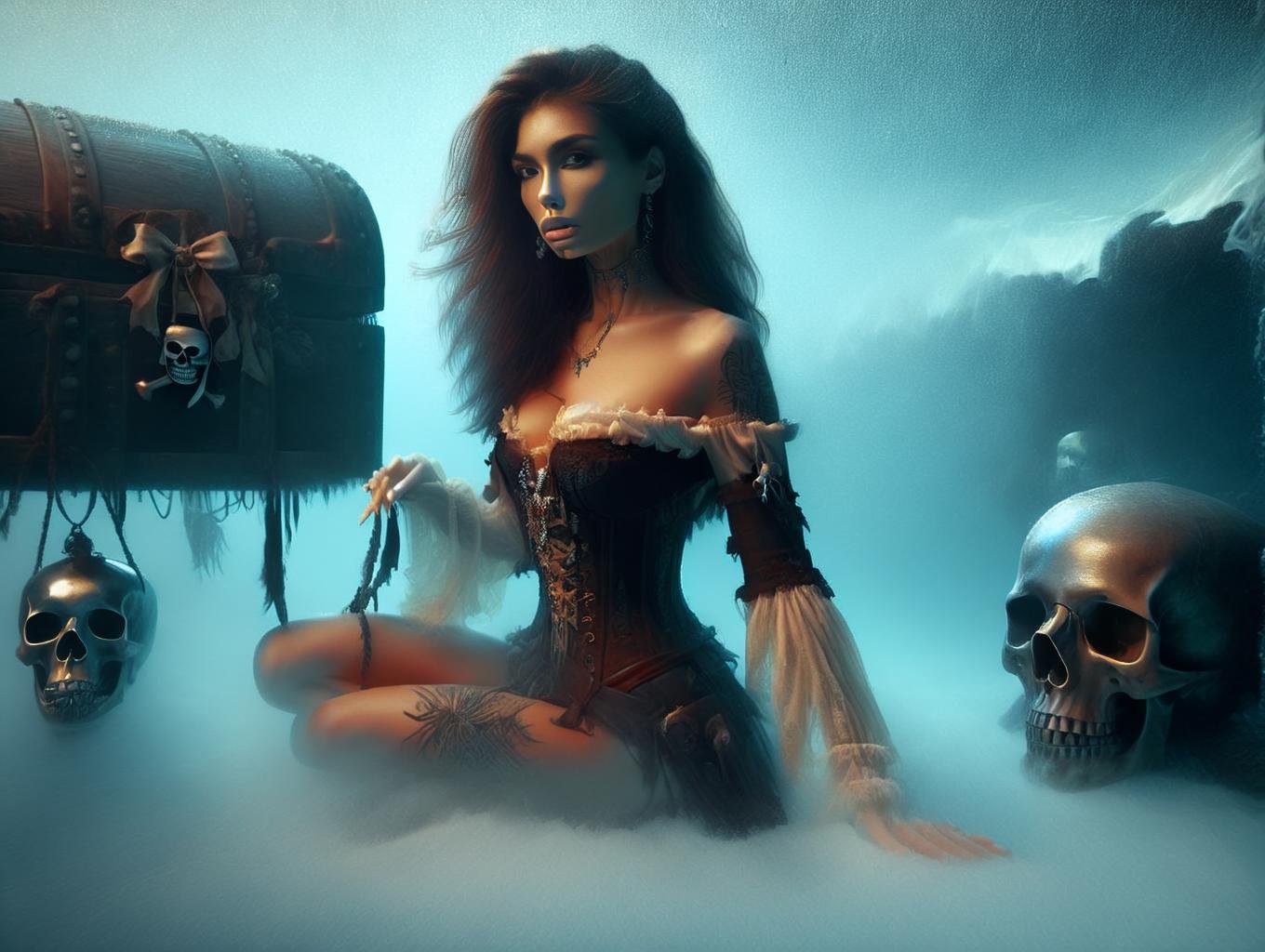 (Gorgeous Photo) a woman in a pirate costume sitting on a trunk in the water with a skull and a skull in the background and a skull in the water with a skull on the bottom of the bottom of the trunk below her leg and a chest((photo in style Marco Pandullo)) <lora:sdxl_lora_dream:0.9> <lora:weird future fashion_v5_xl:0.8> <lora:sdxl_lora_archer:0.4> <lora:sdxl_lora_pirate:1>