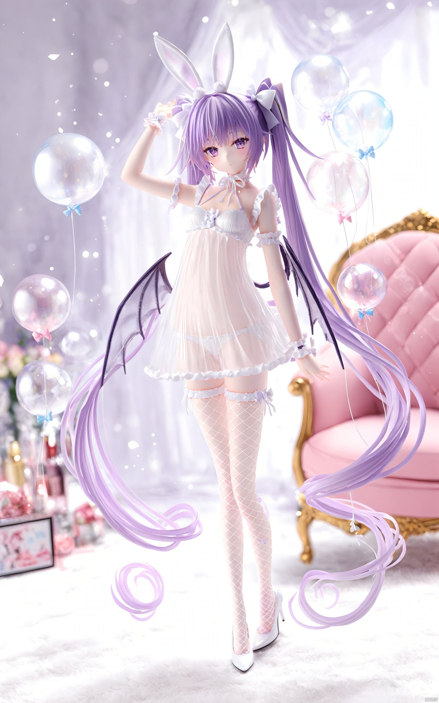 (masterpiece), (best quality), illustration, ultra detailed, hdr, Depth of field, (colorful), PVC, 1girl, solo, long hair, wings, twintails, fishnets, very long hair, purple hair, animal ears, purple eyes, rabbit ears, balloon, underwear, looking at viewer, wrist cuffs, demon wings, white footwear, standing, full body, high heels, see-through, thighhighs, panties, arm up, white panties, demon girl, absurdly long hair, bow, breasts, bangs, shoes, fishnet thighhighs, small breasts, hair bow