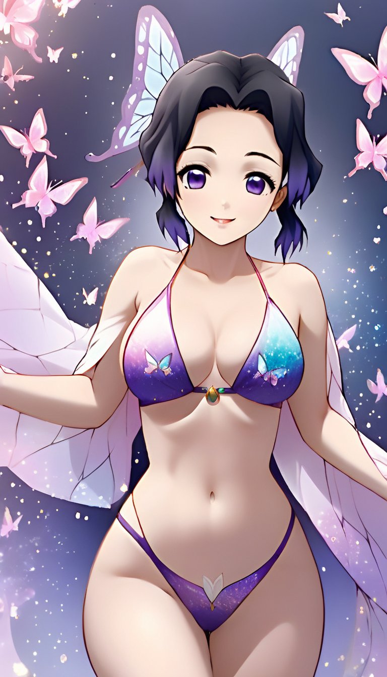 ethereal fantasy concept art of   <lora:ShinobuXL:.9> shinobu, full body, butterflies, bikini <lora:clothing_slider_v19:-5> . magnificent, celestial, ethereal, painterly, epic, majestic, magical, fantasy art, cover art, dreamy