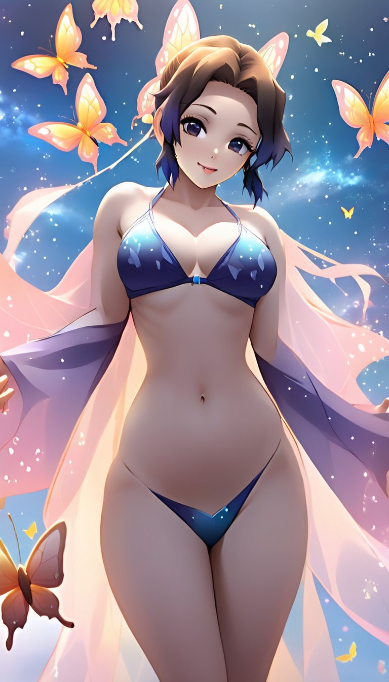 ethereal fantasy concept art of   <lora:ShinobuXL:.9> shinobu, full body, butterflies, bikini <lora:clothing_slider_v19:-8> . magnificent, celestial, ethereal, painterly, epic, majestic, magical, fantasy art, cover art, dreamy