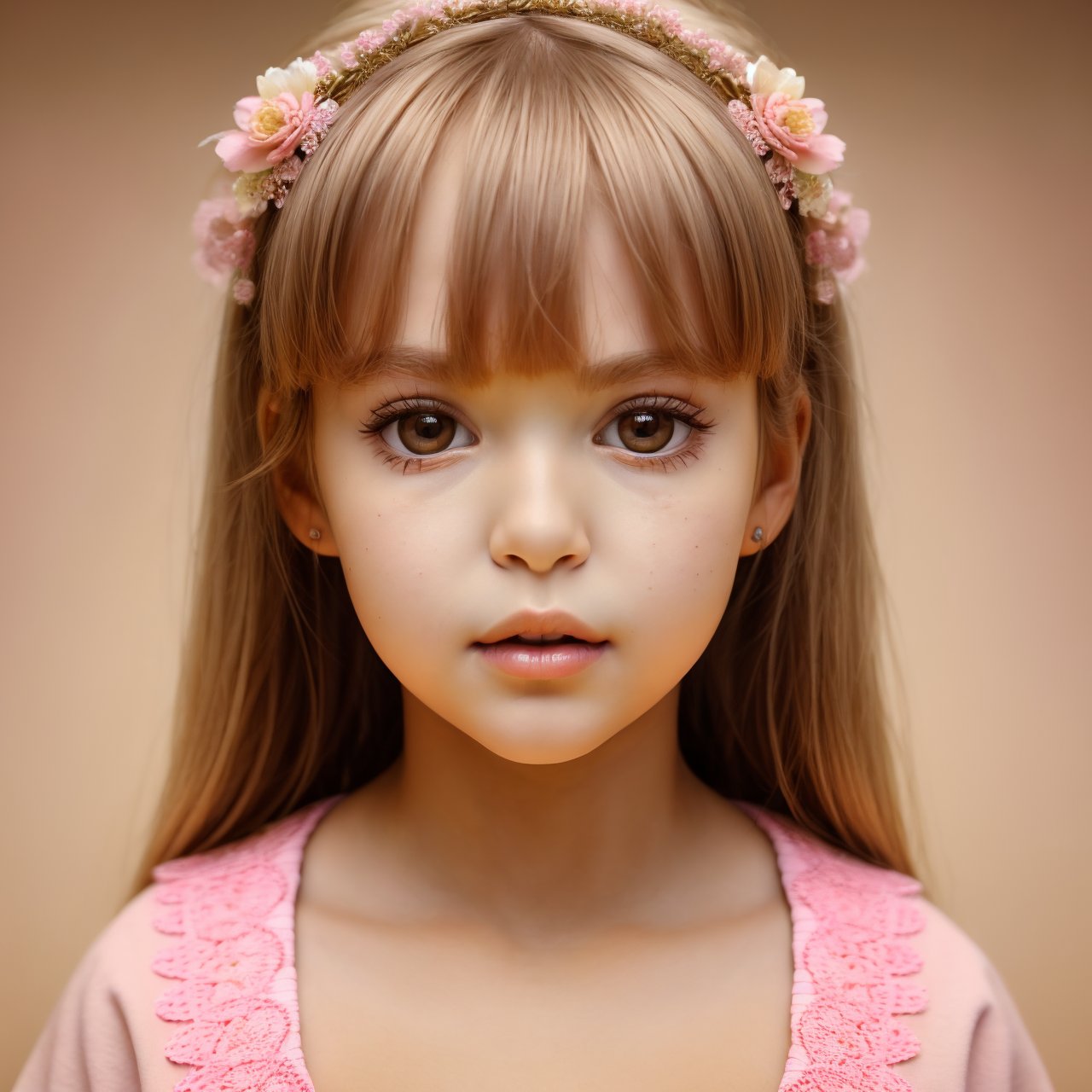 SFW, (masterpiece:1.3), best quality, view from above, close up portrait of innocent (AIDA_LoRA_AnC:1.14) <lora:AIDA_LoRA_AnC:0.84> wearing pink shirt and posing for a picture on beige background, beautiful child, pretty face, surprised, (open mouth:1.15), cinematic, insane level of details, intricate pattern, getty images, eyes with dark iris