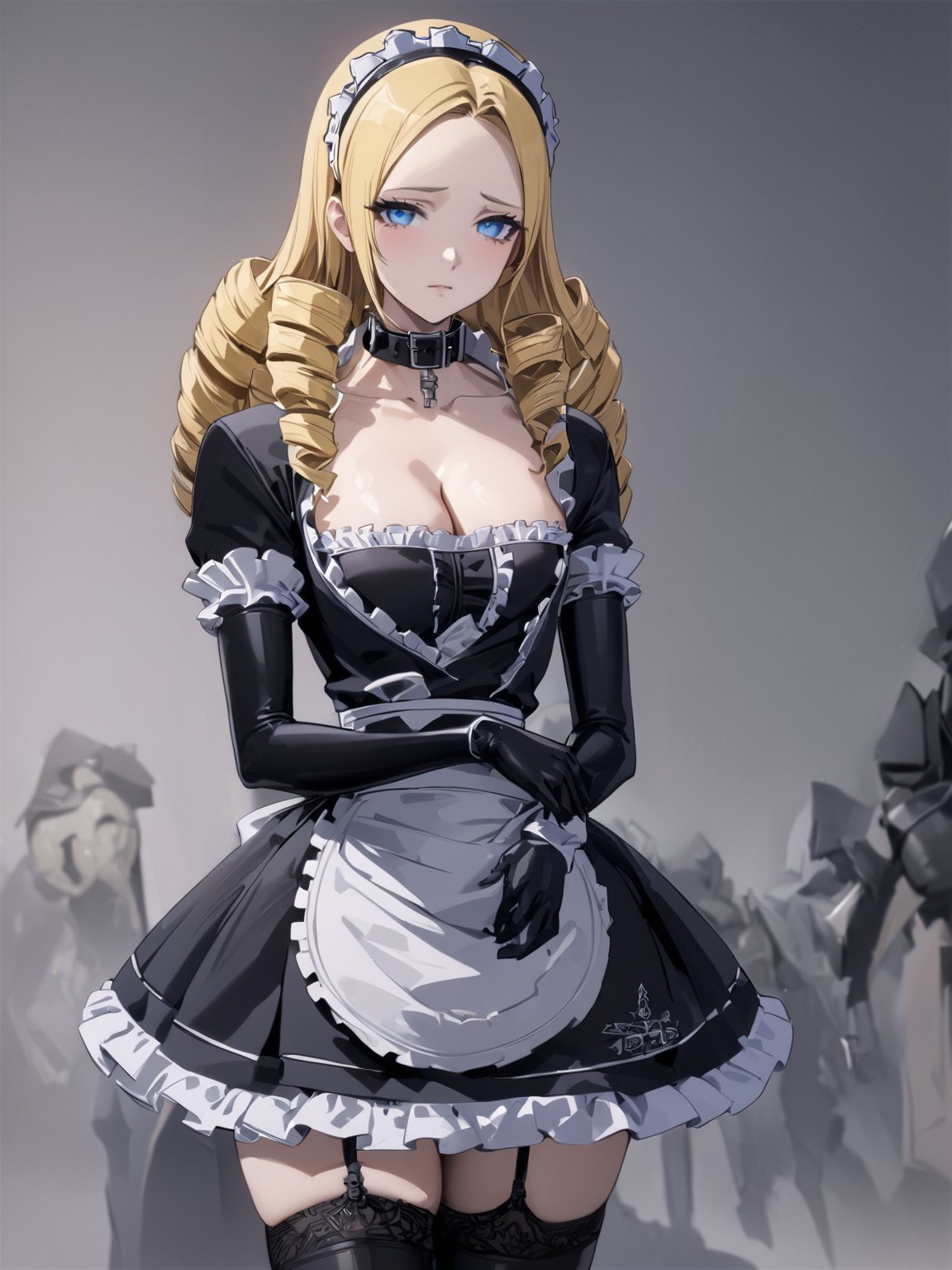 //Quality,
masterpiece, best quality, detailed
,//Character,
1girl, solo
,//Fashion,
,//Background,
,//Others,
,solution epsilon \(overlord\), 1girl, blue eyes, drill hair, blonde hair, breats, maid, black dress, cleavage, elbow gloves, collar, frilled skirt, thighhighs, garter straps, armored boots