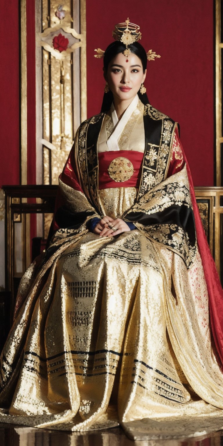 (full body), 1girl, French noblewoman,(French),adorned in opulent attire blending Chinese and medieval European styles,Envision her wearing a luxurious silk robe, traditional Chinese patterns, layered over a lavish gown featuring rich fabrics and elaborate draping characteristic of medieval European fashion,elegantly styled hair, adorned with ornate hairpins and delicate silk ribbons, award - winning photograph, masterpiece,photorealistic,Masterpiece,joseon