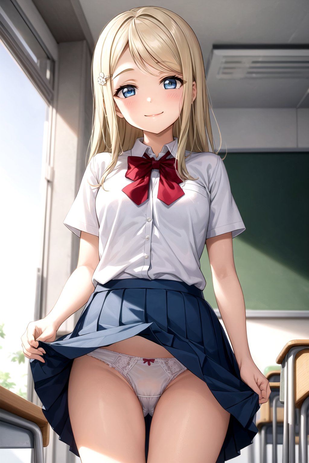 (masterpiece,  best quality,  ultra-detailed),  (illustration),  (beautiful detailed eyes),  1girl,  solo, ayase arisa, blue eyes, hair ornament, blonde hair, long hair, small breasts, (baby face,  young face,  cute face), school uniform, pleated skirt, lifting skirt, skirt lift, pantyshot, panties, showing panties, cameltoe, indoors, school, classroom, looking at viewer:1.4, looking front:1.2, masterpiece, smile, parted lips, seductive smile, light smile,((closed mouth)), 