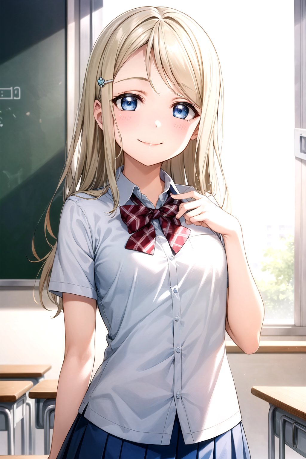 (masterpiece,  best quality,  ultra-detailed),  (illustration),  (beautiful detailed eyes),  1girl,  solo, ayase arisa, blue eyes, hair ornament, blonde hair, long hair, small breasts, (baby face,  young face,  cute face), school uniform, pleated skirt, indoors, school, classroom, looking at viewer:1.4, looking front:1.2, masterpiece, smile, parted lips, seductive smile, light smile,((closed mouth)), 