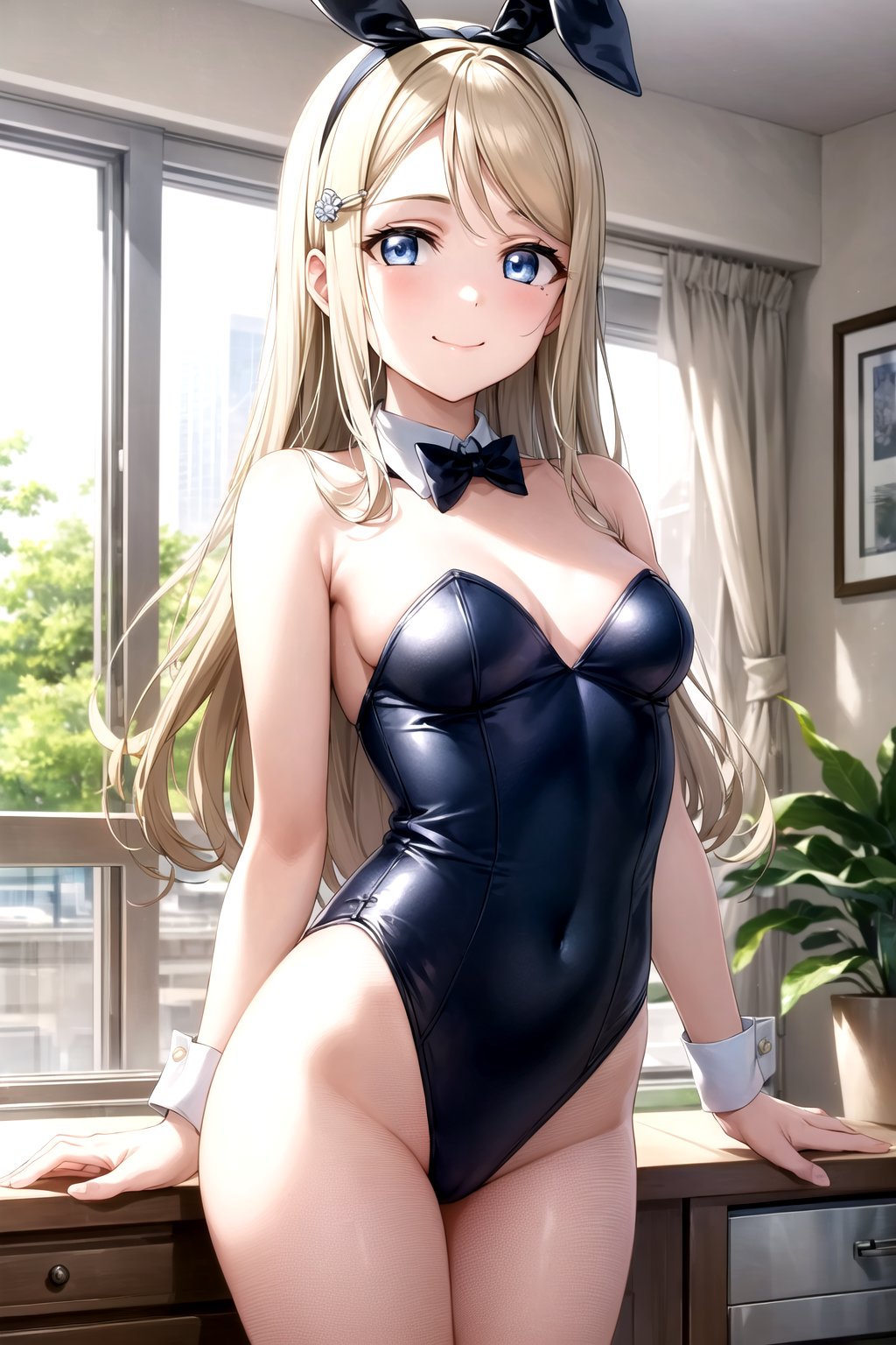 (masterpiece, best quality, ultra-detailed), (illustration), (beautiful detailed eyes), (1girl), (solo), (extremely detailed face), (beautiful detailed hair), ayase arisa, blue eyes, hair ornament, blonde hair, long hair, small breasts, playboy bunny, leotard, fishnet pnatyhose, cowboy shot, light smile, closed mouth, 8k, indoors, mall, stores in background,  (looking at viewer:1.4), ayase arisa, 