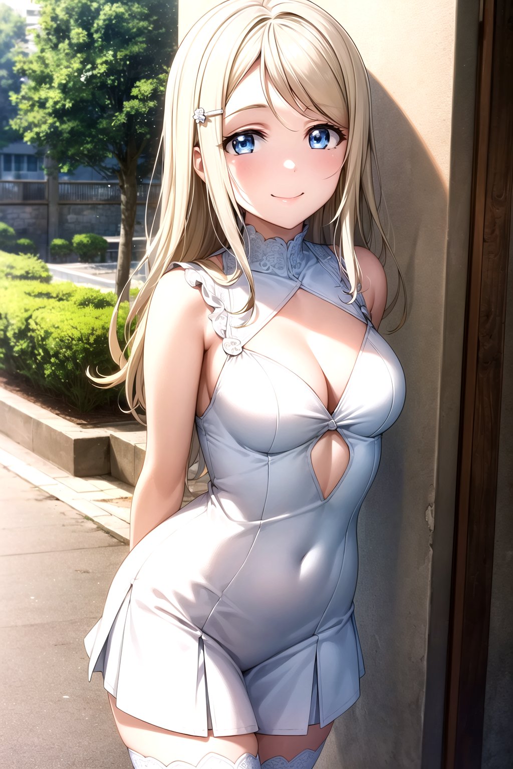 (masterpiece, best quality, ultra-detailed), (illustration), (beautiful detailed eyes), (1girl), (solo), (extremely detailed face), (beautiful detailed hair), (large breasts), ayase arisa, blue eyes, hair ornament, blonde hair, long hair, small breasts white dress, cleavage cutout, white thighhighs ,light smile, closed mouth, 8k, outdoors, france, outdoors stage, (looking at viewer:1.4), arms behind back,ayase arisa