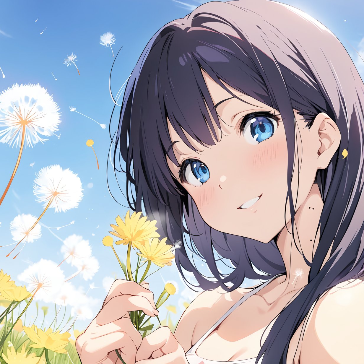 ((masterpiece, best quality, highres)), perfect face, 1girl, solo, long hair, looking at viewer, smile, blue eyes, black hair, flower, outdoors, sky, holding flower, mole on neck, dandelion, kitashirakawa tamako,Kyoto animation style