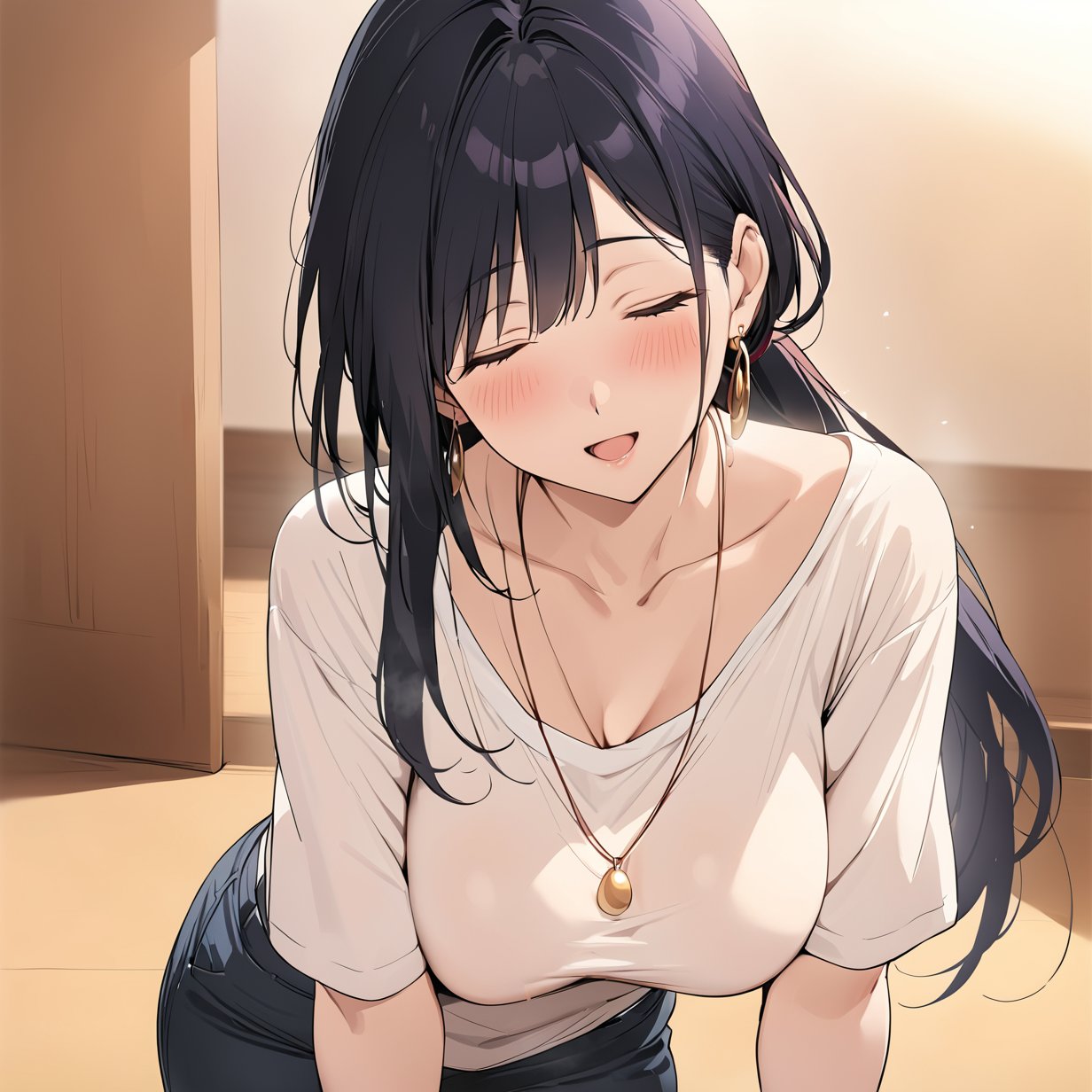 ((masterpiece, best quality, highres)), perfect face, 1girl, solo, long hair, breasts, blush, smile, open mouth, bangs, large breasts, shirt, black hair, jewelry, closed eyes, ponytail, earrings, pants, necklace, Kyoto animation style